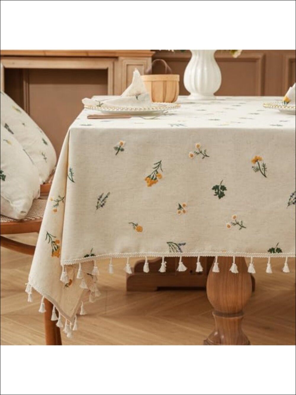 Boho Linen Blend Embroidered Daisy Tablecloth 60x60 with Tassel Fringe